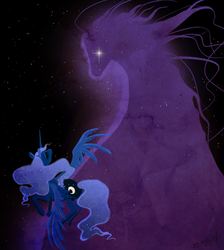 Size: 2133x2380 | Tagged: safe, artist:opalacorn, princess luna, tantabus, alicorn, pony, do princesses dream of magic sheep, g4, duo, ethereal mane, female, glowing eyes, high res, mare, starry mane, stars