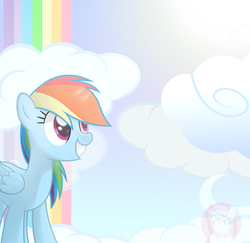 Size: 2118x2059 | Tagged: safe, artist:comfydove, rainbow dash, pegasus, pony, g4, cloud, cloudsdale, cute, female, grin, happy, high res, looking up, mare, outdoors, rainbow waterfall, signature, sky, smiling, solo, standing, sunlight