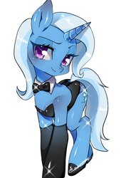 Size: 726x1023 | Tagged: safe, artist:nitronic, trixie, pony, unicorn, g4, bowtie, clothes, cute, diatrixes, female, leotard, looking at you, mare, questionable source, shoes, simple background, smiling, socks, solo, stockings, thigh highs, white background