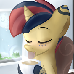 Size: 1024x1024 | Tagged: safe, artist:lbrcloud, oc, oc only, pony, unicorn, chair, cloud, cup, ear fluff, eyes closed, food, hoof hold, indoors, male, snow, solo, tea, tree, window, winter