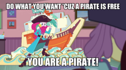 Size: 600x337 | Tagged: safe, edit, edited screencap, screencap, lily pad (g4), pinkie pie, equestria girls, g4, my little pony equestria girls: better together, pinkie sitting, image macro, lazytown, meme, pinkie pirate, pirate, pirate pinkie pie, you are a pirate