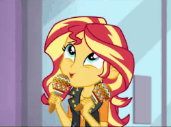 Size: 489x361 | Tagged: safe, edit, screencap, sunset shimmer, a fine line, equestria girls, equestria girls series, g4, animated, clothes, door, female, funny, jacket, maracas, musical instrument