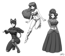 Size: 2000x1716 | Tagged: safe, artist:johnjoseco, cherry jubilee, human, g4, belly button, breast hold, breasts, catwoman, cleavage, clothes, crossover, female, fumi hirano, grayscale, humanized, looking at you, lum invader, midriff, monochrome, simple background, smiling, urusei yatsura, voice actor joke, white background