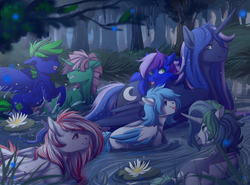Size: 1444x1071 | Tagged: safe, artist:1an1, princess luna, oc, oc:bright will, oc:circuit breaker, oc:forest glade, oc:toko yakkai, alicorn, duck pony, hybrid, pegasus, pony, unicorn, zebra, zebracorn, zony, g4, :p, alternate hairstyle, colored wings, colored wingtips, colt, eyes closed, female, femboy, floppy ears, forest, grin, leaning, lidded eyes, male, mare, messy mane, missing accessory, night, open mouth, pond, ponies riding ponies, rearing, riding, scenery, smiling, splashing, spread wings, tongue out, tree, water, wet, wings, ych result