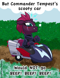 Size: 720x937 | Tagged: safe, artist:texasuberalles, tempest shadow, pony, unicorn, g4, my little pony: the movie, armor, blushing, broken horn, car, chibi, eye scar, female, horn, lightning, looking down, mare, pun, scar, sky skiff, snorting, solo, sparking horn, stealth pun