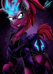 Size: 1024x1448 | Tagged: safe, artist:ebonyinkstone, tempest shadow, pony, g4, my little pony: the movie, armor, broken horn, commander, electricity, female, horn, raised hoof, signature, solo