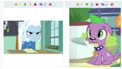 Size: 810x460 | Tagged: safe, edit, edited screencap, screencap, spike, spike the regular dog, trixie, dog, derpibooru, a little birdie told me, equestria girls, g4, my little pony equestria girls: better together, my little shop of horrors, blushing, female, juxtaposition, male, meta, paws, puppy, smiling