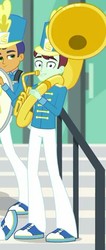Size: 290x685 | Tagged: safe, screencap, cranberry mint, pumpkin treat, a queen of clubs, equestria girls, g4, my little pony equestria girls: better together, background human, clothes, cropped, hat, looking at you, male, musical instrument, pants, shoes, smiling, sousaphone