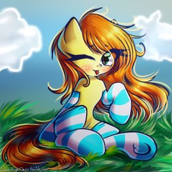 Size: 2160x2160 | Tagged: safe, artist:chaosangeldesu, oc, oc only, earth pony, pony, blushing, clothes, female, frog (hoof), grass, high res, looking at you, mare, one eye closed, raised hoof, sitting, socks, solo, striped socks, tongue out, underhoof, wink