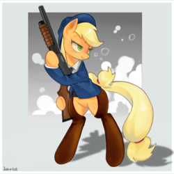 Size: 768x768 | Tagged: safe, artist:jus+ice, applejack, earth pony, semi-anthro, g4, bedroom eyes, clothes, female, gun, mafia, mafia applejack, mare, mossberg 500at, shotgun, smiling, solo, standing, suit, traditional art, weapon