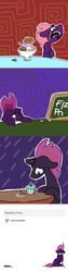 Size: 1280x5120 | Tagged: safe, artist:hotkoin, fizzlepop berrytwist, tempest shadow, pony, unicorn, g4, my little pony: the movie, abstract background, ask, broken horn, candle, chalk, chalkboard, comic, crying, cupcake, cute, female, food, hnnng, horn, ice cream, mare, pocky, post traumatic stress disorder, ptsd, sad, tumblr