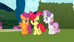 Size: 2560x1476 | Tagged: safe, screencap, apple bloom, scootaloo, sweetie belle, earth pony, pegasus, pony, unicorn, g4, the return of harmony, angry, argument, canterlot hedge maze, canterlot sculpture garden, cutie mark crusaders, female, filly, hedge maze, maze, trio