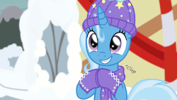 Size: 1600x900 | Tagged: safe, artist:evil-dec0y, trixie, pony, unicorn, comic:trixie vs., g4, animated, boots, clapping, clapping ponies, clothes, cute, diatrixes, female, gif, hat, hearth's warming eve, hooves together, mare, mittens, scarf, shoes, show accurate, smiling, snow, solo, winter, winter outfit