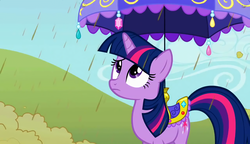 Size: 2560x1476 | Tagged: safe, screencap, twilight sparkle, pony, unicorn, g4, my little pony: friendship is magic, the return of harmony, chocolate, chocolate rain, food, popcorn, rain, saddle, tack, umbrella, unicorn twilight