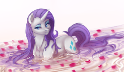 Size: 2466x1444 | Tagged: safe, artist:1an1, rarity, pony, unicorn, g4, chest fluff, eyelashes, eyeshadow, female, lidded eyes, looking at you, makeup, mare, messy mane, milk, petals, rose petals, simple background, smiling, solo, water, wet, wet mane, white background