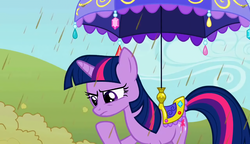 Size: 2560x1476 | Tagged: safe, screencap, twilight sparkle, pony, unicorn, g4, my little pony: friendship is magic, the return of harmony, chocolate, chocolate rain, food, popcorn, rain, saddle, tack, thinking, umbrella, unicorn twilight