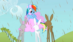 Size: 2560x1476 | Tagged: safe, screencap, rainbow dash, girabbit, pegasus, pony, rabbit, g4, my little pony: friendship is magic, the return of harmony, butt, candy, chocolate, chocolate rain, cloud, cotton candy, cotton candy cloud, food, plot, rain, sticky