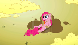 Size: 2560x1476 | Tagged: safe, screencap, pinkie pie, earth pony, pony, g4, the return of harmony, chocolate, eating, food, happy, messy, messy mane, popcorn, rain, tongue out, wet, wet mane