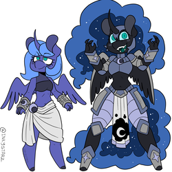 Size: 1500x1500 | Tagged: safe, artist:inkystarz, nightmare moon, princess luna, anthro, g4, armor, belly button, bracer, clothes, curved horn, fangs, female, horn, loincloth, looking at you, midriff, s1 luna, simple background, skirt, spread wings, white background, wings