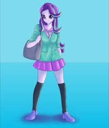 Size: 2481x2916 | Tagged: safe, artist:eiranosaur, starlight glimmer, equestria girls, equestria girls specials, g4, my little pony equestria girls: mirror magic, bag, beanie, clothes, female, hat, high res, looking at you, necktie, school uniform, smiling, socks, solo