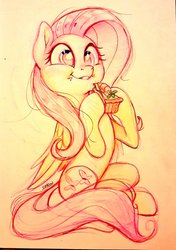 Size: 719x1024 | Tagged: safe, artist:imalou, fluttershy, pegasus, pony, g4, aweeg*, carrot, cute, eating, female, food, happy, herbivore, mare, pie, shyabetes, sitting, sketch, smiling, solo, traditional art