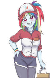 Size: 2893x4092 | Tagged: safe, artist:sumin6301, rainbow dash, epic fails, equestria girls, g4, my little pony equestria girls: summertime shorts, bag, baseball cap, blushing, cap, clothes, cute, cutie mark, cutie mark on clothes, dashabetes, female, hand on hip, hat, high res, looking at you, ponytail, shirt, shorts, simple background, smiling, smiling at you, smug, solo, white background, wristband