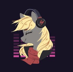 Size: 1266x1242 | Tagged: safe, artist:weird--fish, derpy hooves, pegasus, pony, g4, bust, clothes, derpfest, eyes closed, female, headphones, mare, portrait, scarf, smiling, solo
