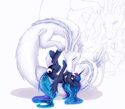 Size: 4526x3944 | Tagged: safe, artist:magnaluna, princess luna, oc, oc:zefiroth, alicorn, dragon, pony, g4, absurd resolution, blushing, boop, canon x oc, crossover shipping, cuddling, dragon oc, duo, duo male and female, ethereal mane, ethereal tail, eyes closed, female, haku, horn, looking at each other, looking at someone, male, mare, non-pony oc, noseboop, shipping, simple background, smiling, snuggling, spirited away, spread wings, starry mane, starry wings, straight, tail, upside down, white background, wings