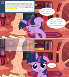 Size: 1280x1444 | Tagged: safe, artist:hakunohamikage, twilight sparkle, alicorn, pony, ask-princesssparkle, g4, ask, female, floppy ears, golden oaks library, immortality blues, solo, tumblr, twilight sparkle (alicorn)