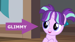 Size: 1366x768 | Tagged: safe, edit, edited screencap, screencap, starlight glimmer, pony, unicorn, g4, uncommon bond, captain obvious, caption arrow, cute, female, filly, filly starlight glimmer, glimmerbetes, glimmy, no shit sherlock, open mouth, pigtails, smiling, truth, yes, younger