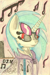 Size: 1024x1536 | Tagged: safe, artist:sar-the-pony, dj pon-3, vinyl scratch, pony, g4, clothes, female, hoodie, red eyes, solo, traditional art, watermark, wrong eye color