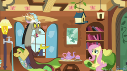 Size: 1280x720 | Tagged: safe, screencap, discord, fluttershy, pony, discordant harmony, g4, cup, faucet, fluttershy's cottage (interior), food, sandwich, sandwich crust, teacup, teapot