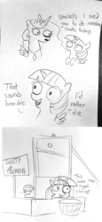 Size: 1440x3137 | Tagged: safe, artist:tjpones, princess celestia, twilight sparkle, alicorn, pony, sparkles! the wonder horse!, g4, bad end, comic, dark comedy, dialogue, disproportionate retribution, execution, female, gallows humor, grayscale, guillotine, imminent death, imminent decapitation, lineart, mare, monochrome, pencil drawing, traditional art, treason, twilight sparkle (alicorn), worth it