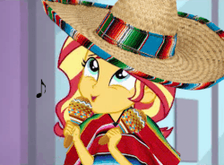 Size: 489x359 | Tagged: safe, edit, edited screencap, editor:whatthehell!?, screencap, sunset shimmer, a fine line, equestria girls, equestria girls series, g4, animated, clothes, female, hat, maracas, mexican, musical instrument, poncho, singing, sombrero, stereotype