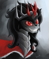 Size: 2500x3000 | Tagged: safe, artist:sinniepony, king sombra, pony, unicorn, g4, abstract background, armor, black mane, bust, crown, high res, jewelry, male, portrait, red eyes, regalia, solo