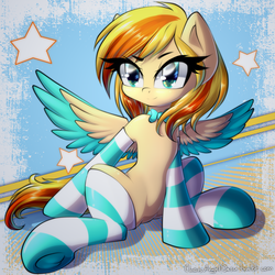 Size: 2000x2000 | Tagged: safe, artist:chaosangeldesu, oc, oc only, pegasus, pony, clothes, female, frog (hoof), high res, mare, socks, solo, spread wings, striped socks, underhoof, wings