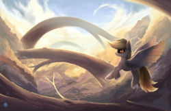 Size: 2550x1652 | Tagged: dead source, safe, artist:noctilucent-arts, derpy hooves, pegasus, pony, g4, cloud, female, flying, mare, scenery, sky, smiling, solo, spread wings, wings