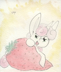 Size: 696x817 | Tagged: safe, artist:slightlyshade, sweetie belle, pony, g4, female, food, micro, solo, strawberry, traditional art