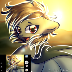 Size: 2000x2000 | Tagged: safe, artist:chaosangeldesu, oc, oc only, bat pony, pony, bat pony oc, female, high res, lens flare, mare, open mouth, phone screen, solo, sun, windswept mane, ych result