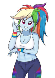 Size: 2893x4092 | Tagged: safe, artist:sumin6301, rainbow dash, human, equestria girls, g4, my little pony equestria girls: better together, abs, alternate hairstyle, arm under breasts, belly button, breast hold, breasts, busty rainbow dash, cleavage, clothes, female, idea, looking at you, midriff, pants, ponytail, sexy, simple background, smiling, solo, tank top, underass, white background, wristband