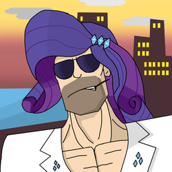 Size: 1500x1500 | Tagged: safe, artist:theparadoxy, rarity, human, g4, 80's fashion, aesthetics, beach, beard, clothes, cool, cutie mark, cutie mark on clothes, elusive, facial hair, fashion, five o'clock shadow, humanized, male, miami, muscles, noon, rule 63, simpsons did it, solo, sunglasses, the simpsons