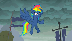 Size: 1920x1080 | Tagged: safe, screencap, rainbow dash, pegasus, pony, g4, secrets and pies, cloud, dark clouds, evil pie hater dash, female, flag, flying, mare, solo