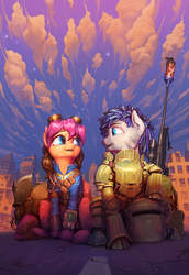 Size: 2666x3878 | Tagged: safe, artist:darthagnan, oc, oc only, oc:ketika, oc:munkari, fallout equestria, armor, clothes, cloud, cloudy, gun, high res, jumpsuit, looking at each other, pipboy, power armor, rifle, sitting, smiling, sniper rifle, vault suit, weapon