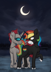 Size: 1528x2155 | Tagged: safe, artist:marsminer, oc, oc only, oc:cloudburst, oc:rainbow heart, looking at each other, moon, night, red changeling, stars