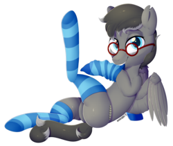 Size: 3000x2527 | Tagged: safe, artist:meowcephei, oc, oc only, butt, clothes, glasses, high res, male, plot, simple background, socks, solo, stockings, striped socks, thigh highs, transparent background