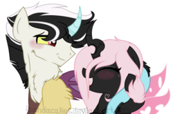 Size: 1024x674 | Tagged: safe, artist:ipandacakes, oc, oc only, oc:chaotic, oc:pomf puff, changepony, draconequus, hybrid, interspecies offspring, magical lesbian spawn, offspring, parent:discord, parent:oc:fluffle puff, parent:princess celestia, parent:queen chrysalis, parents:canon x oc, parents:chrysipuff, parents:dislestia, simple background, transparent background