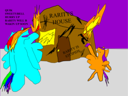 Size: 1501x1125 | Tagged: safe, artist:jacobfoolson, rainbow dash, scootaloo, g4, 1000 hours in ms paint, arson, fire, graffiti, vandalism