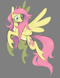 Size: 1110x1440 | Tagged: safe, artist:xenon, fluttershy, pegasus, pony, g4, female, gray background, looking at something, looking down, mare, simple background, solo, spread wings, turned head, unshorn fetlocks, wings