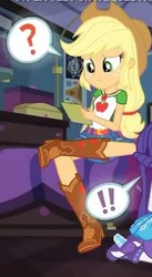 Size: 362x662 | Tagged: safe, screencap, applejack, equestria girls, g4, my little pony equestria girls: better together, the finals countdown, boots, clothes, cowboy boots, cowboy hat, cropped, denim skirt, female, hat, high heel boots, shoes, skirt, stetson, thought bubble