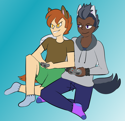 Size: 978x950 | Tagged: safe, artist:icicle-niceicle-1517, button mash, rumble, human, g4, clothes, collaboration, controller, dark skin, eared humanization, gay, gradient background, hoodie, hug, humanized, male, older, ship:rumblemash, shipping, shirt, shorts, socks, t-shirt, tailed humanization, winged humanization, winghug, wings